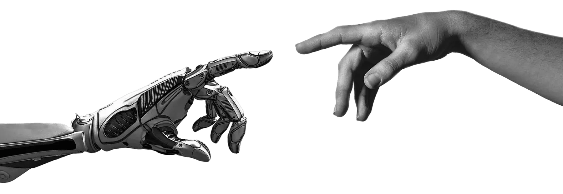 A robotic hand and a human hand reaching toward each other, representing engineers working with AI